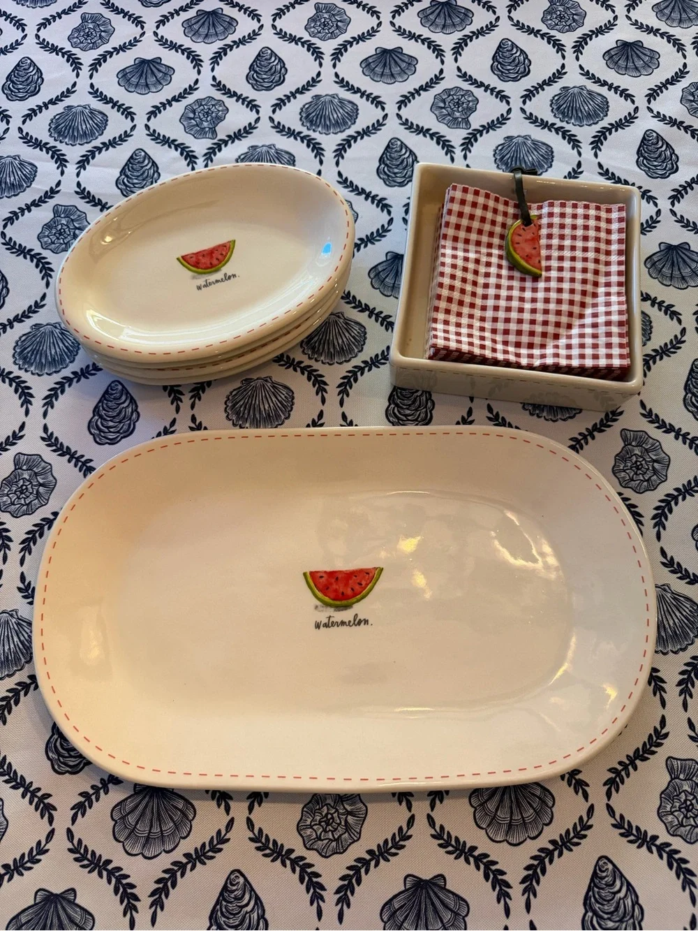 Rae Dunn Watermelon Ceramic Serving Platter Oval Plate Dish Set Napkin Holder